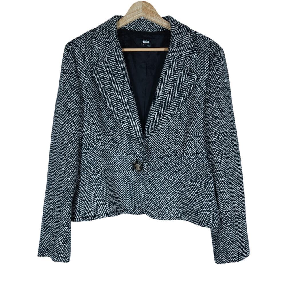 ECI New York Womens Blazer 14 Black White Herringbone Tweed Jacket Chic Workwear